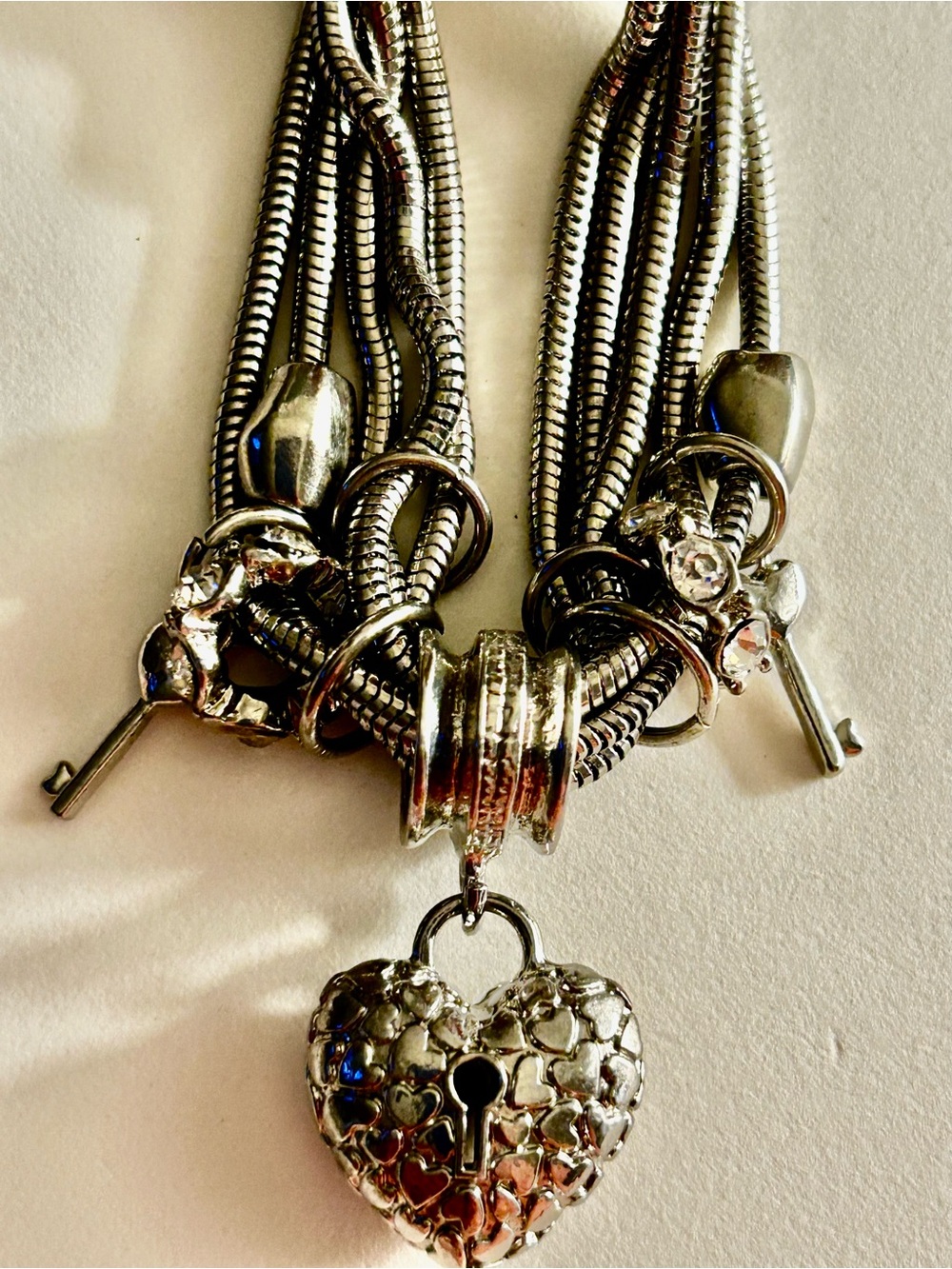 Traci Lynn Charm Bracelet Heart Lock & Keys, Snake chains crystals 8” & extender